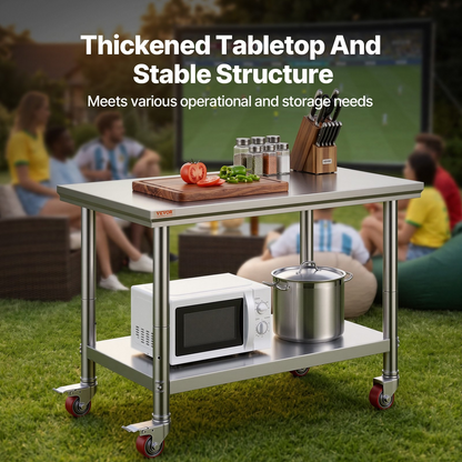 Start2Finish stainless steel work table with 4 wheels, adjustable height, 35x24x33 inch size, heavy-duty food prep surface.