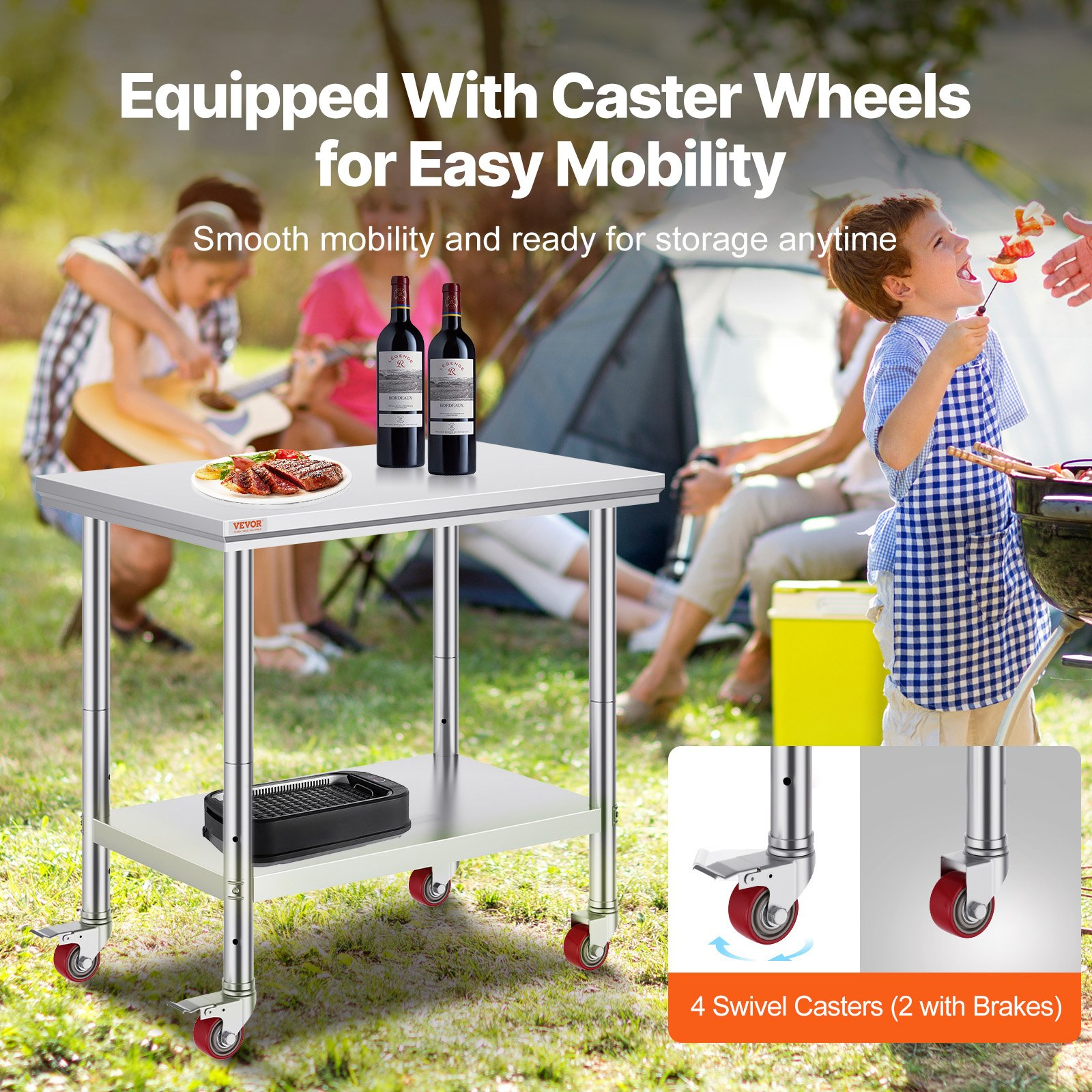 Stainless steel work table with wheels, adjustable height, and 300 lbs capacity, ideal for commercial kitchens and food prep.