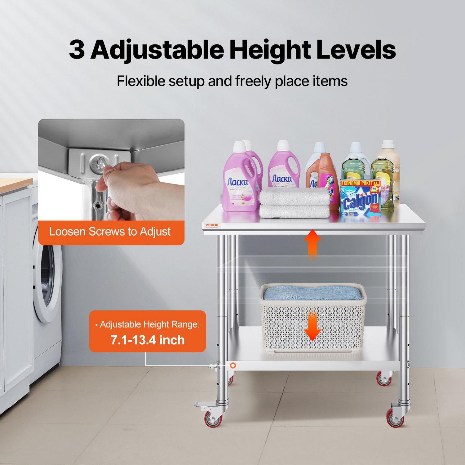 Stainless steel work table with 4 wheels, adjustable height levels, suitable for commercial kitchens, silver finish, heavy-duty design.