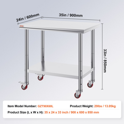 Start2Finish stainless steel work table with wheels, 35x24x33 inch, adjustable height, heavy-duty food prep surface for commercial kitchens
