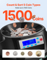 Start2Finish VEVOR coin counter machine with LCD display, sorts 5 denominations, up to 225 coins per minute, holds 1500 coins.