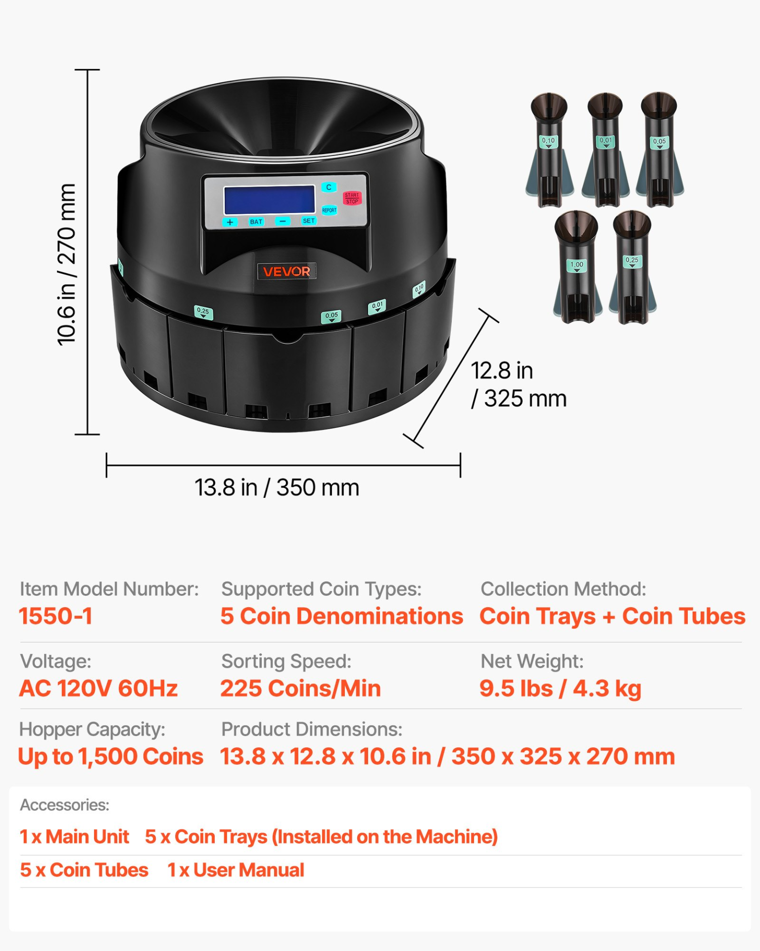 Start2Finish VEVOR coin counter machine with LCD display, sorts up to 225 coins per minute, holds 1500 coins, ideal for office use.