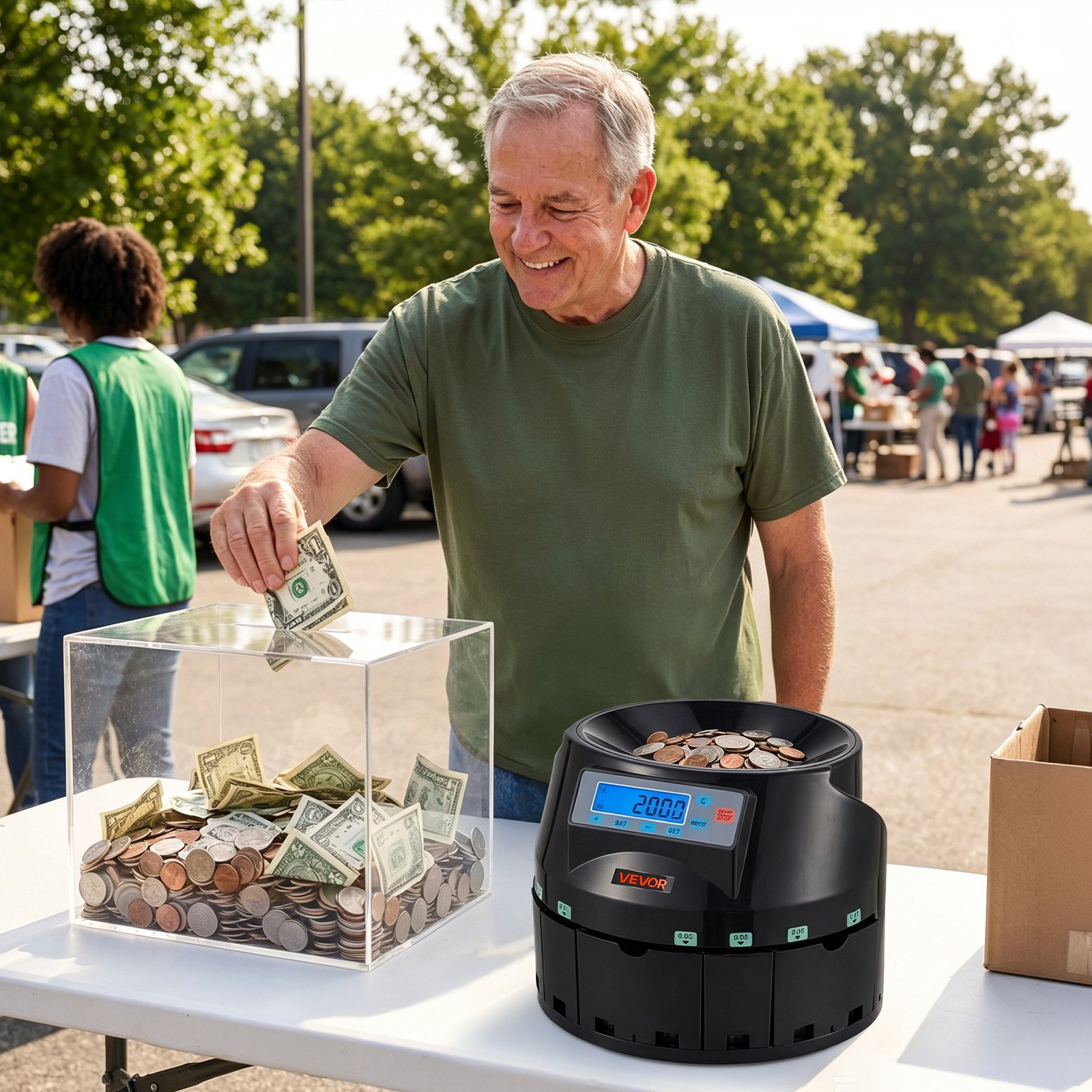 Start2Finish VEVOR coin counter machine with LCD display, sorts 5 denominations, 225 coins per minute, holds 1500 coins.