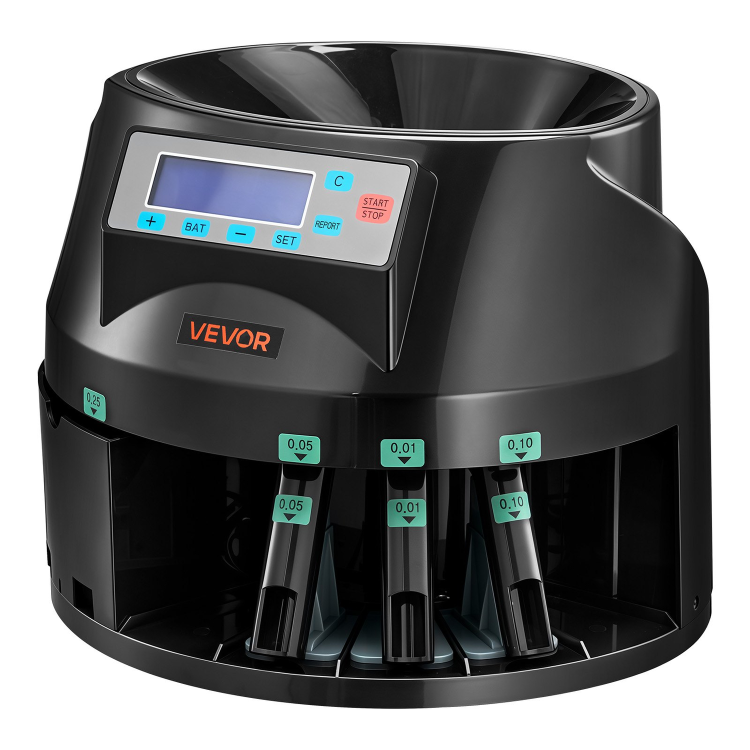 Start2Finish VEVOR coin counter machine sorting 5 denominations with LCD display, accurate, fast, holds 1500 coins, batch feature.