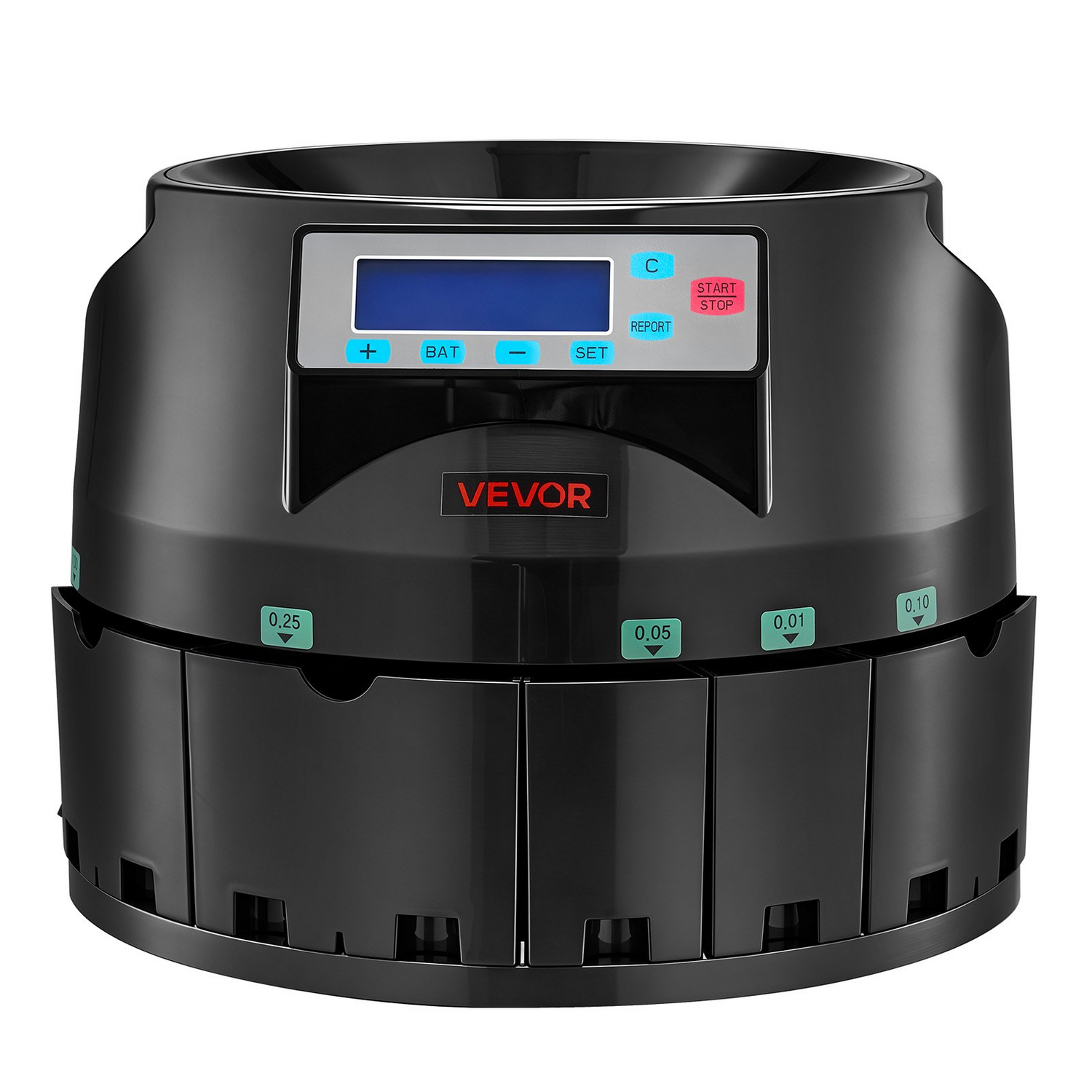 Start2Finish VEVOR coin counter machine with LCD display, sorts 5 denominations, up to 225 coins per minute, holds 1500 coins.