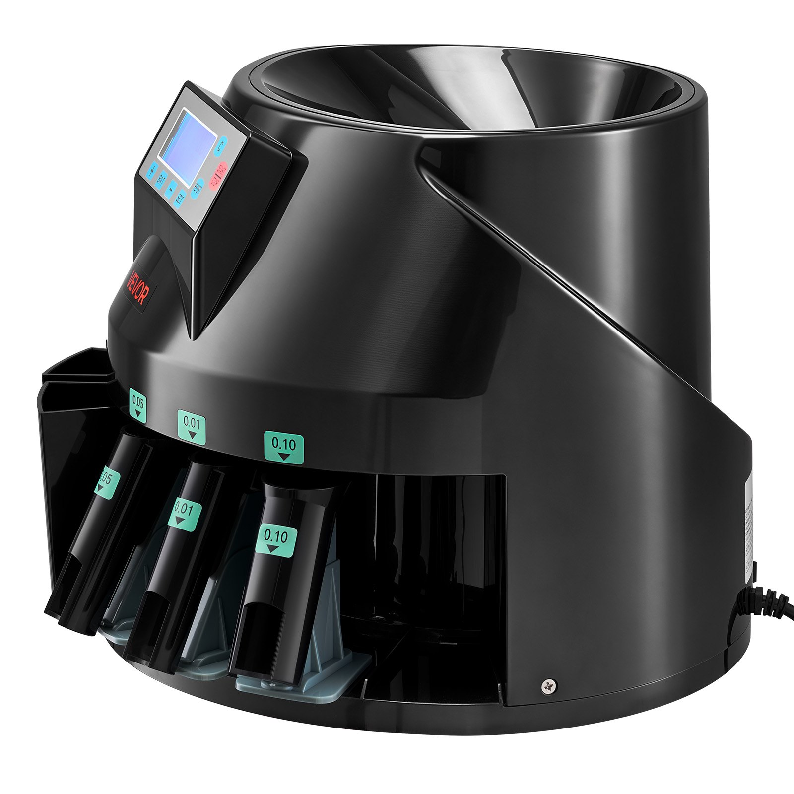 Start2Finish VEVOR coin counter machine sorting 5 denominations with LCD display, capable of processing 225 coins per minute.