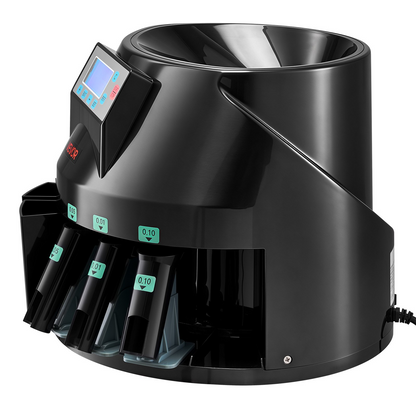 Start2Finish VEVOR coin counter machine sorting 5 denominations with LCD display, capable of processing 225 coins per minute.