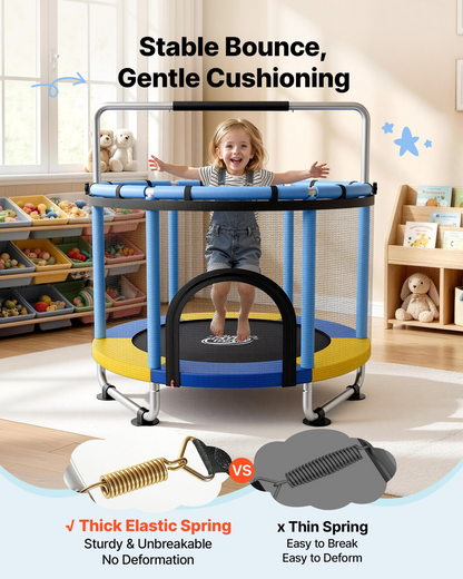 Start2Finish VEVOR 60-inch kids trampoline with enclosure net and adjustable gymnastics bar, perfect for indoor outdoor play and birthday gifts.