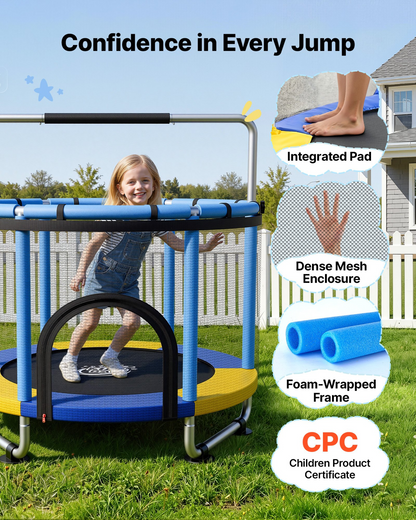Start2Finish VEVOR 60-inch kids trampoline with enclosure net and adjustable gymnastics bar, ideal for indoor and outdoor play.