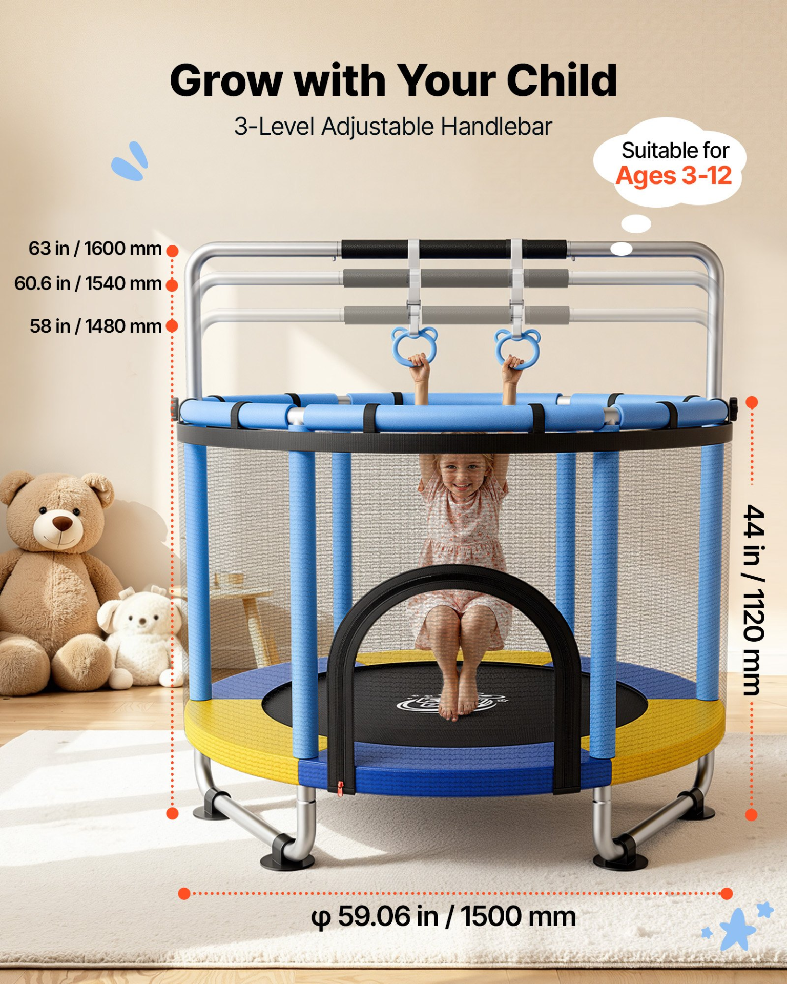 Start2Finish VEVOR 60-inch kids trampoline with enclosure net and adjustable gymnastics bar, ideal for indoor outdoor play.
