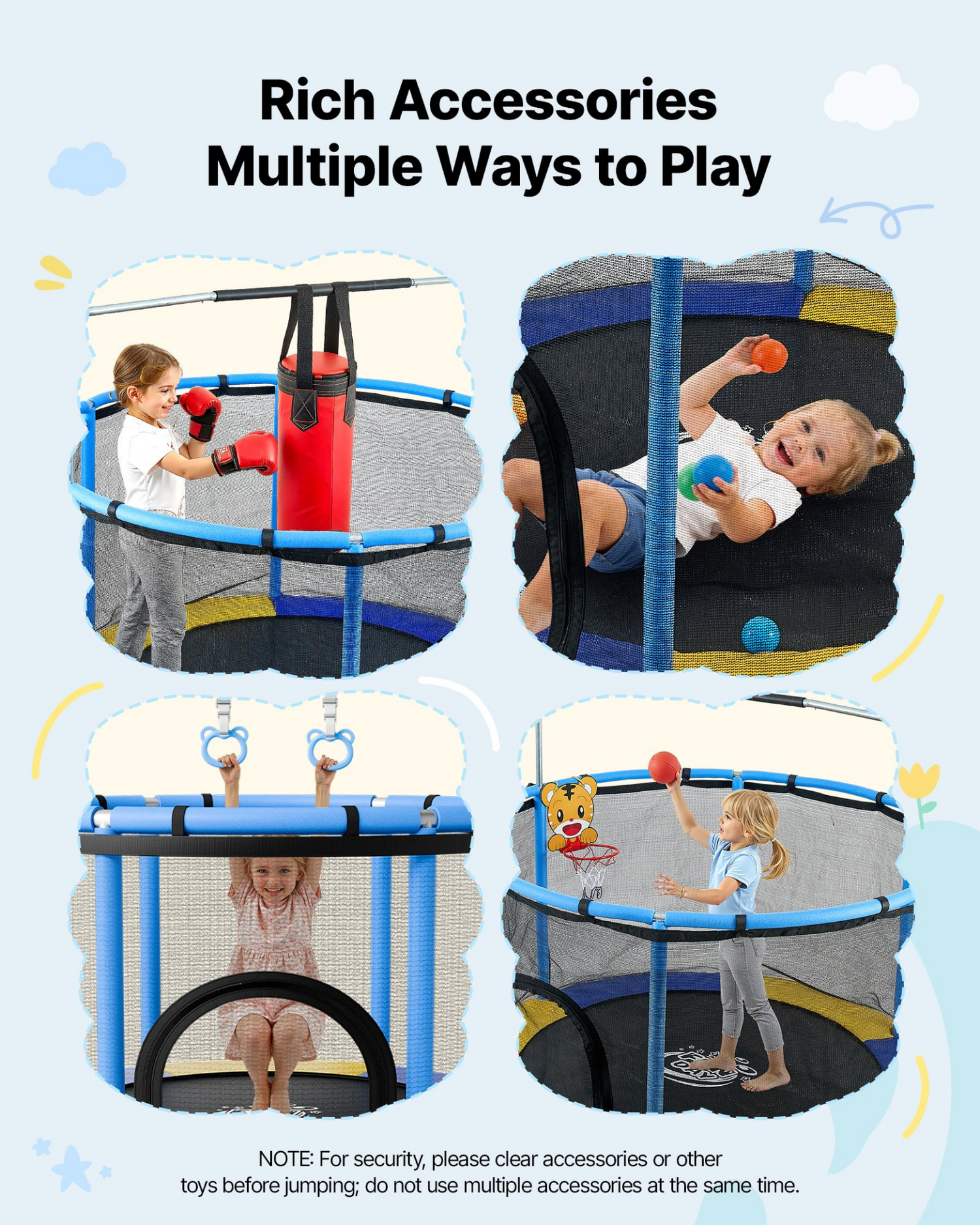 Start2Finish 60-inch kids trampoline with enclosure net and adjustable gymnastics bar, ideal for indoor outdoor play and birthday gifts.