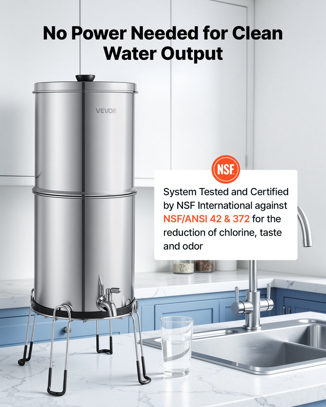 Start2Finish VEVOR gravity-fed water filter system with stainless steel countertop design, filters lead and chlorine, includes spigot and filters.