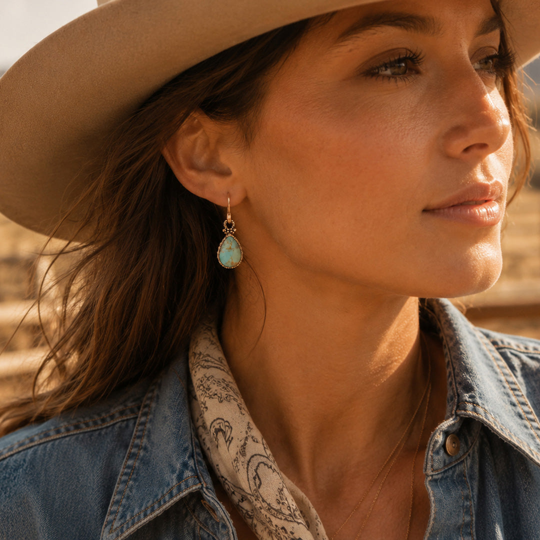Blue turquoise and golden Drop earrings with intricate jewelry design, featuring elegant dangling elements and detailed craftsmanship.