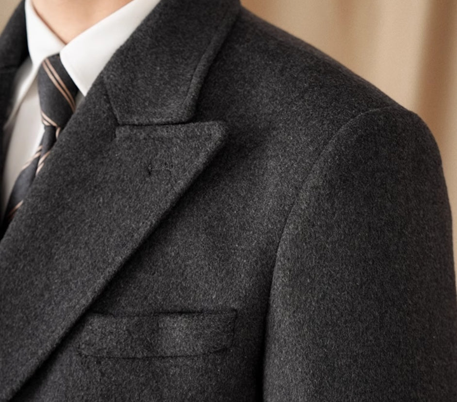 Carmine Juneberry HauteWool™ double-breasted wool coat with 25% wool blend, shown on a hanger in a retail display.