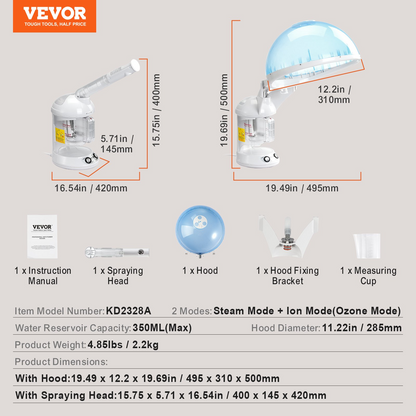 Start2Finish VEVOR 2-in-1 professional hair and facial steamer with detachable bonnet, nano ionic, UV ozone, and 360° sprayer.