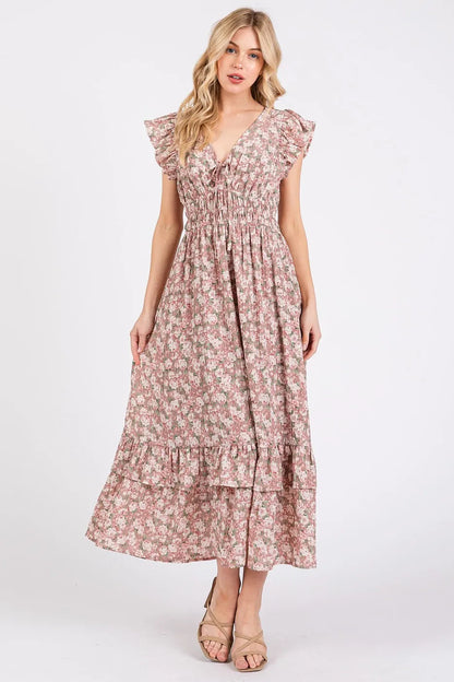 Colorful flower print ruffle cap sleeve V-neck midi dress by Jade Icarus, featuring a feminine and elegant design.