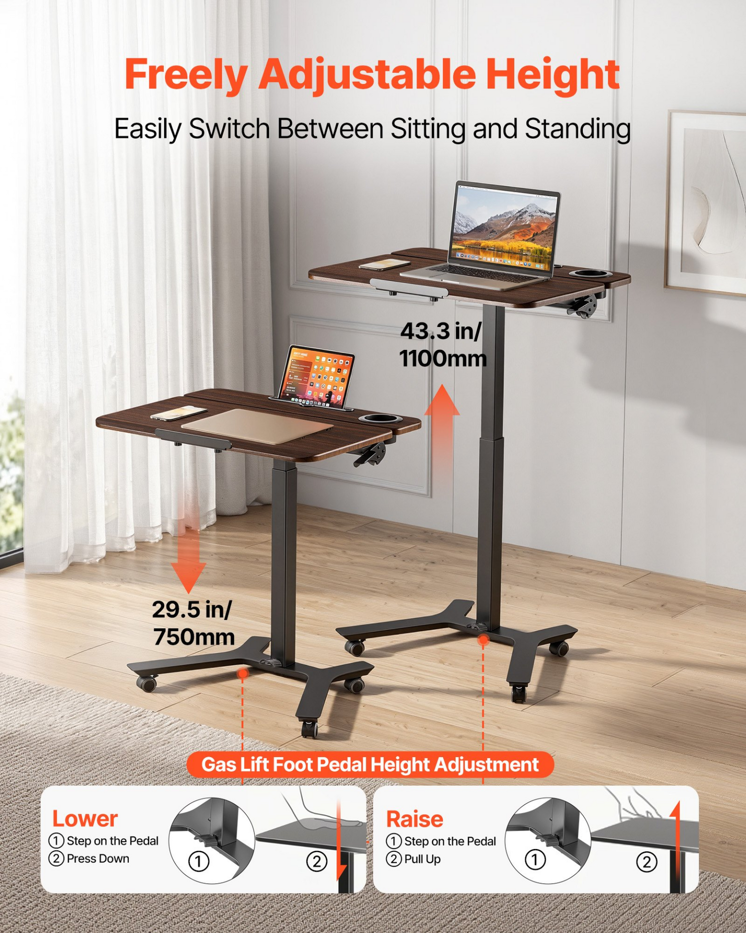Start2Finish VEVOR standing desk with adjustable height, tilting desktop, mobile design, foot pedal lift, 28x21-inch workspace.