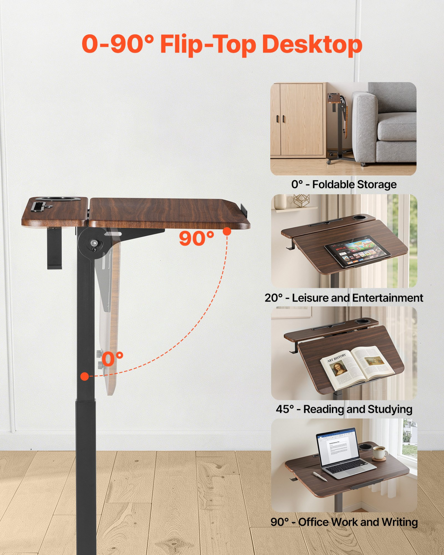 Start2Finish VEVOR standing desk with adjustable height, tilting desktop, pneumatic lift, and mobile design for home or office use.