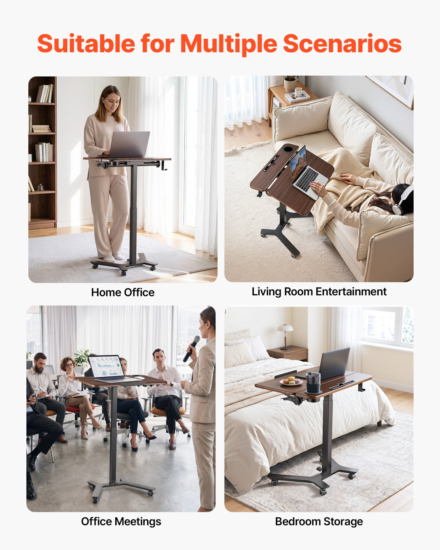 Start2Finish VEVOR standing desk with adjustable height, tilting desktop, pneumatic lift, and compact computer workstation design.