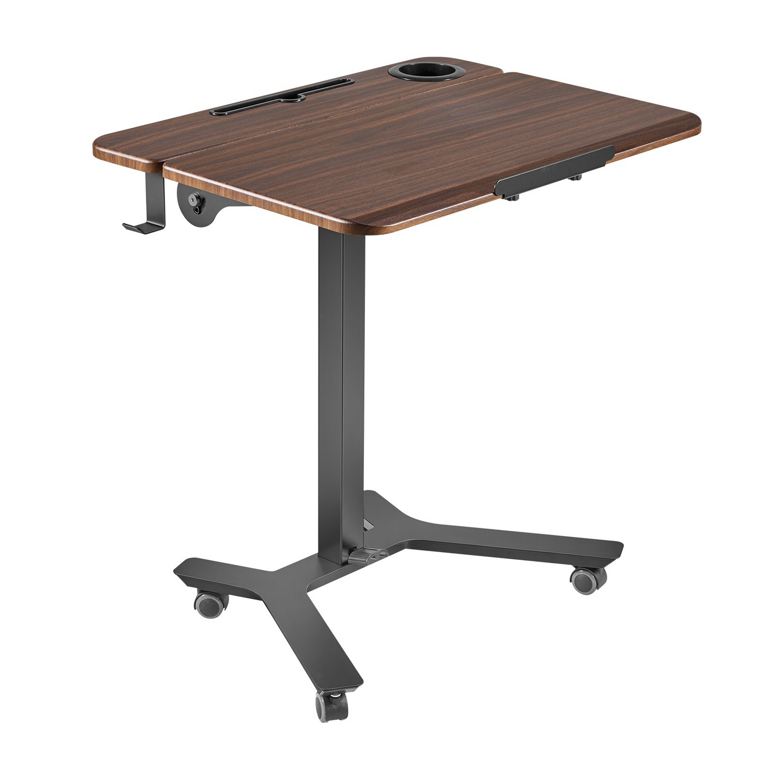 Start2Finish VEVOR standing desk with adjustable height, tilting desktop, pneumatic lift, compact workspace for home or office.
