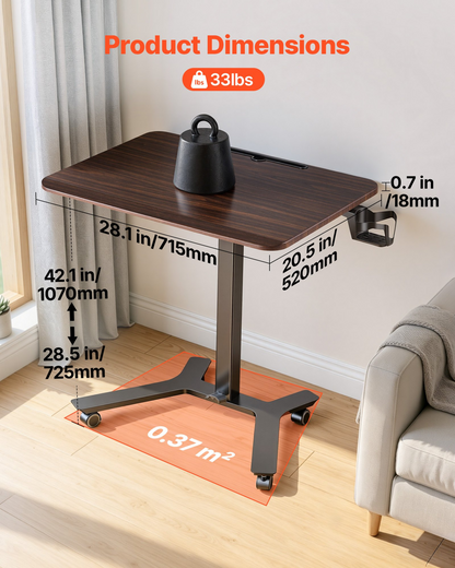 Start2Finish VEVOR adjustable standing desk with casters, small mobile workstation, pneumatic lift, hook, and foot pedal for home office use.