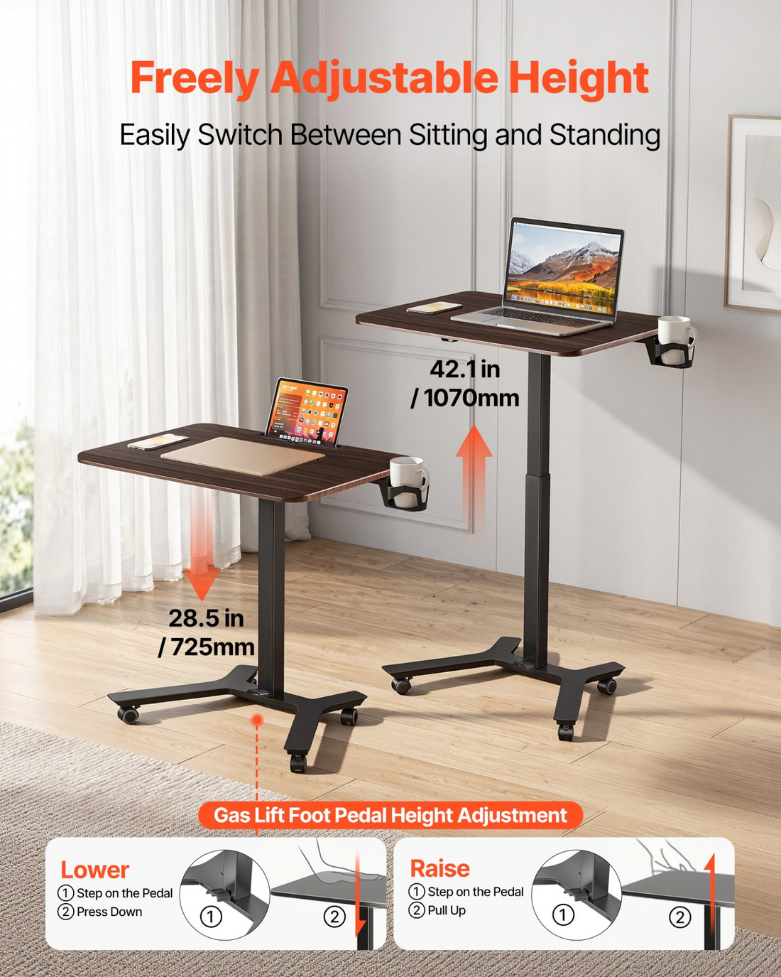 Start2Finish VEVOR standing desk with adjustable height, casters, foot pedal lift, and hook for small home office computer workstation.
