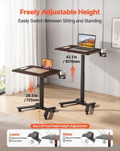 Start2Finish VEVOR standing desk with adjustable height, casters, foot pedal lift, and hook for small home office computer workstation.