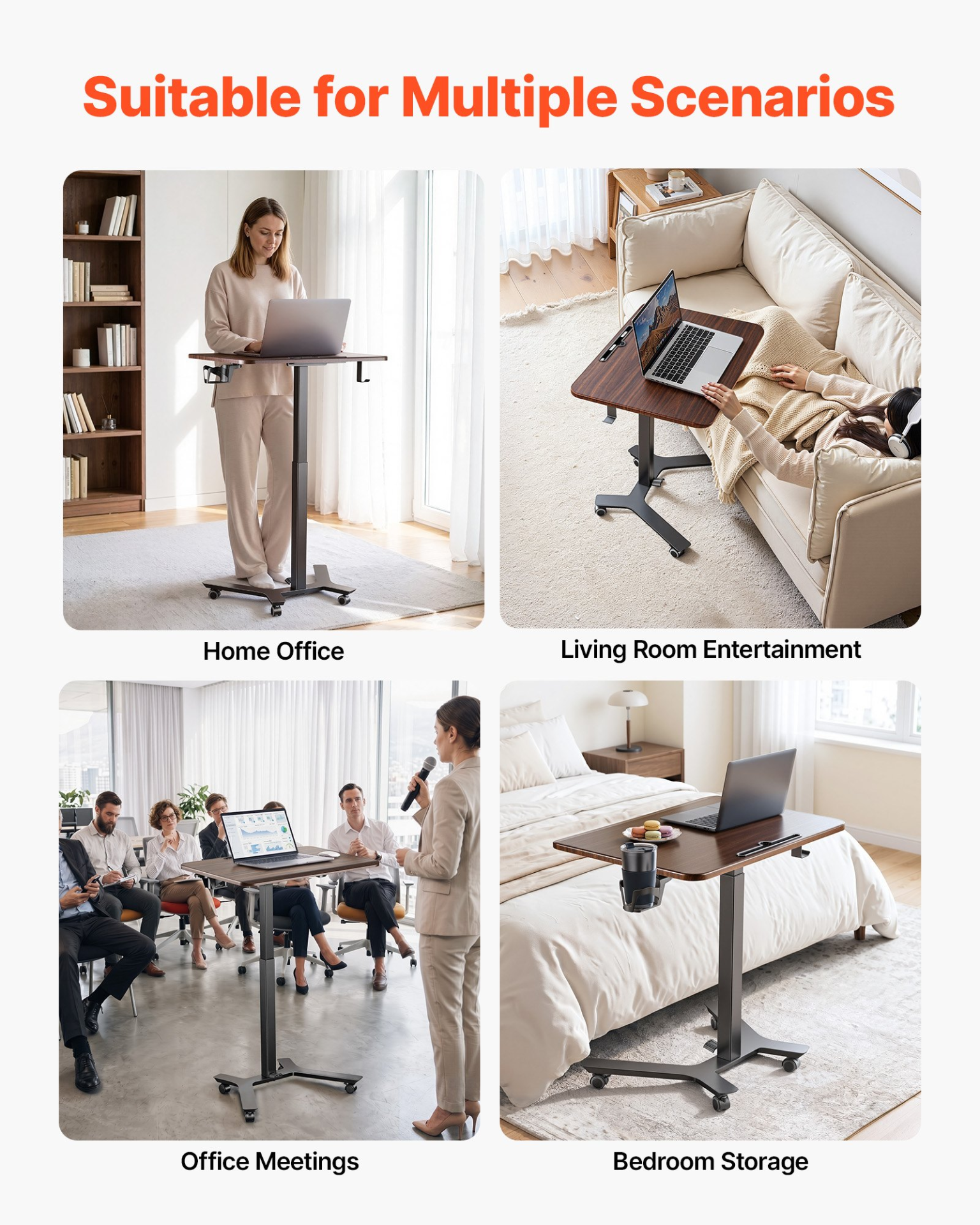 Start2Finish VEVOR standing desk with adjustable height, casters, foot pedal lift, small computer workstation, and hook for home office.
