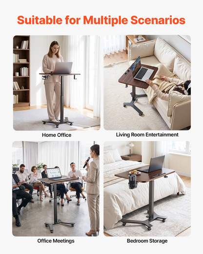 Start2Finish VEVOR standing desk with adjustable height, casters, foot pedal lift, small computer workstation, and hook for home office.