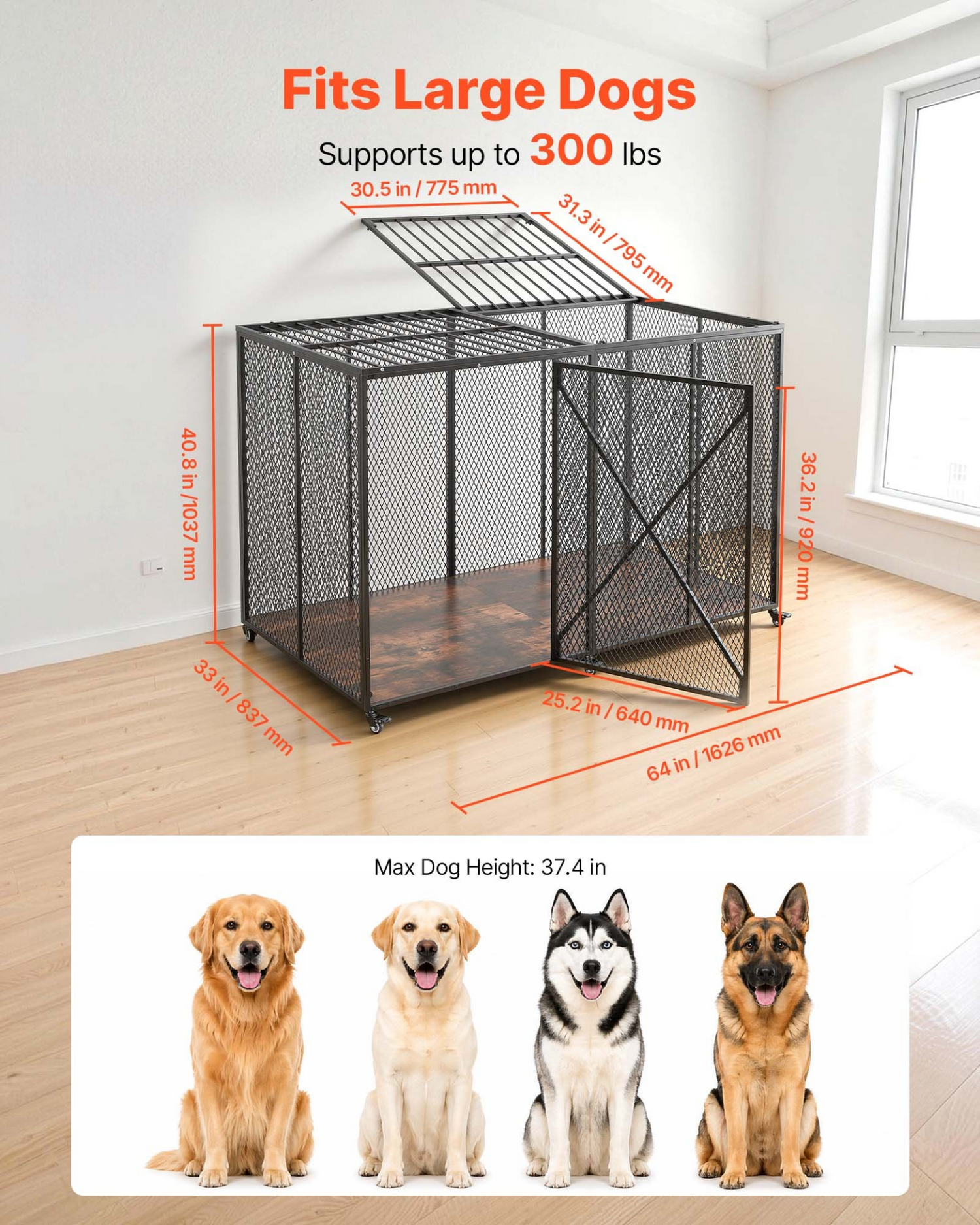 Heavy-duty VEVOR 64-inch steel dog crate with double doors, lockable wheels, suitable for large, high-anxiety breeds.