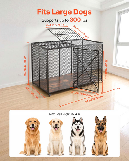 Heavy-duty VEVOR 64-inch steel dog crate with double doors, lockable wheels, suitable for large, high-anxiety breeds.