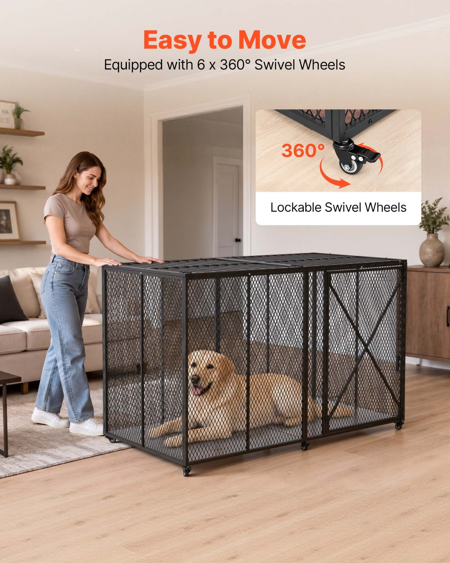Start2Finish VEVOR 64-inch heavy-duty steel dog crate with double doors, lockable wheels, suitable for large, high-anxiety breeds.