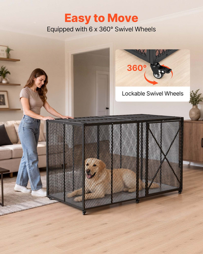 Start2Finish VEVOR 64-inch heavy-duty steel dog crate with double doors, lockable wheels, suitable for large, high-anxiety breeds.