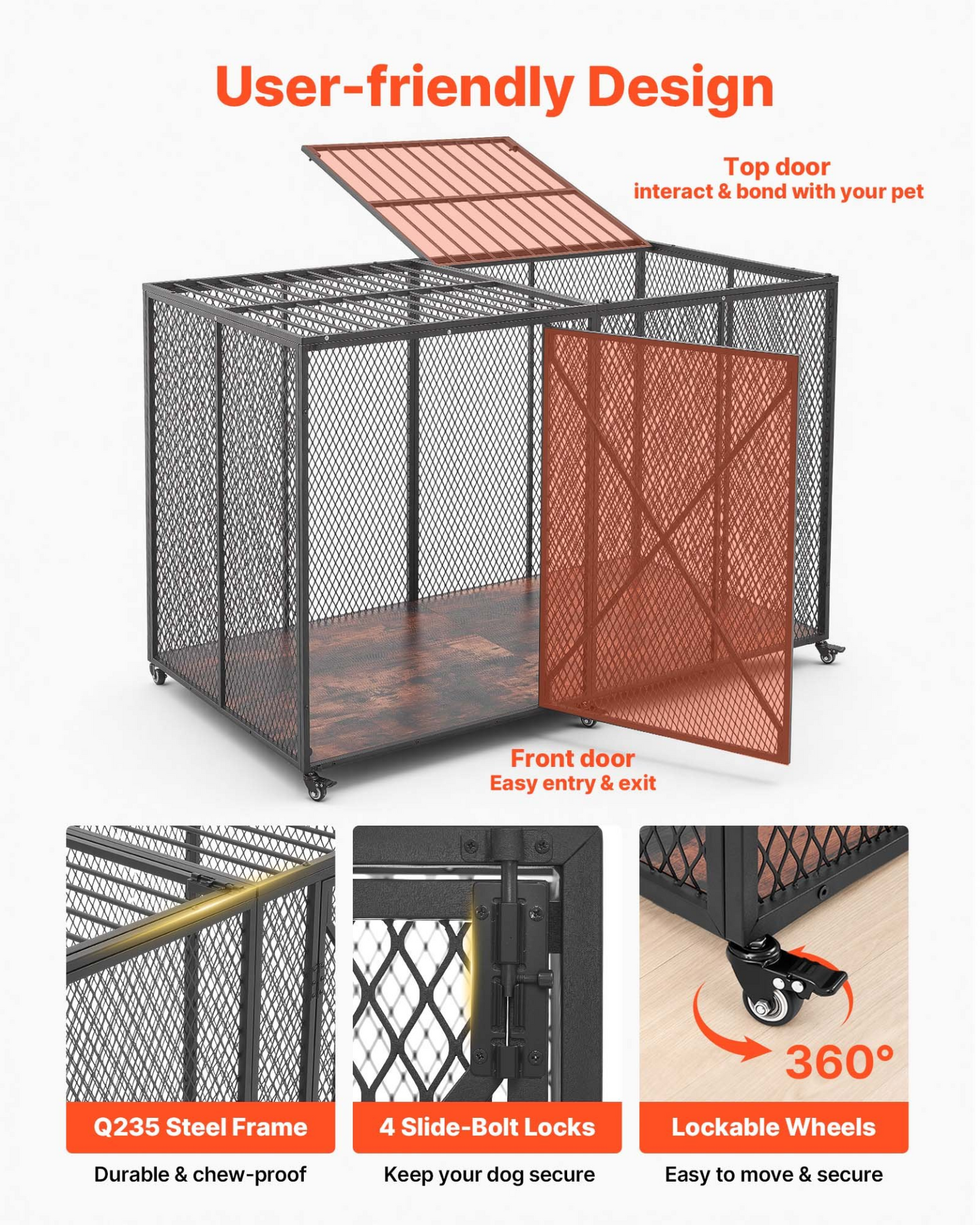 Heavy-duty VEVOR 64-inch steel dog crate with double doors, lockable wheels, and durable construction for large, high-anxiety breeds.