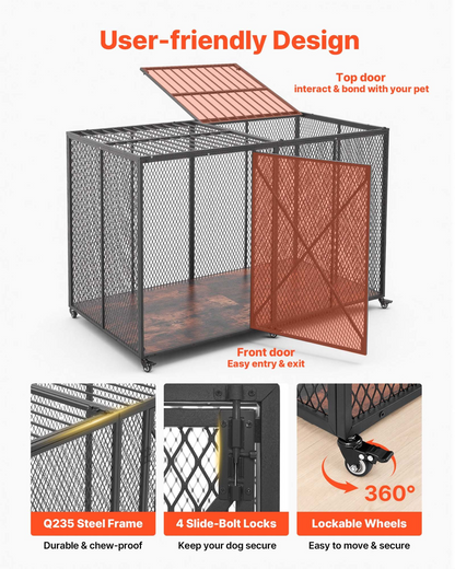 Heavy-duty VEVOR 64-inch steel dog crate with double doors, lockable wheels, and durable construction for large, high-anxiety breeds.