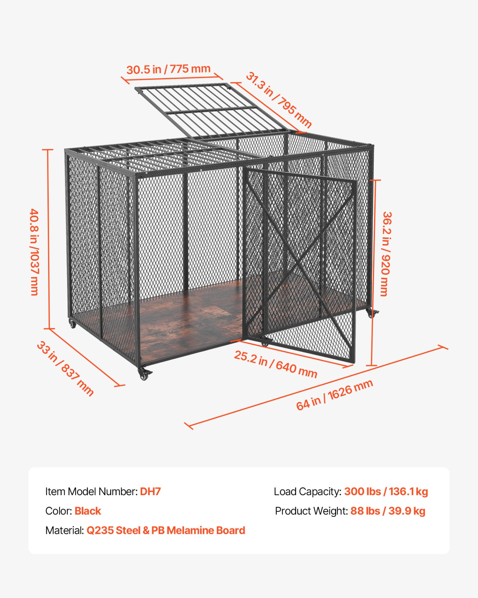 Heavy-duty VEVOR 64-inch steel dog crate with double doors, lockable wheels, suitable for large, high-anxiety breeds, indoor use.