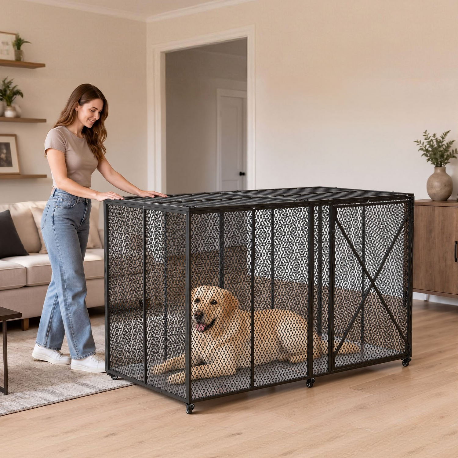 Start2Finish VEVOR 64-inch heavy-duty steel dog crate with double doors, lockable wheels, ideal for large, high-anxiety breeds.