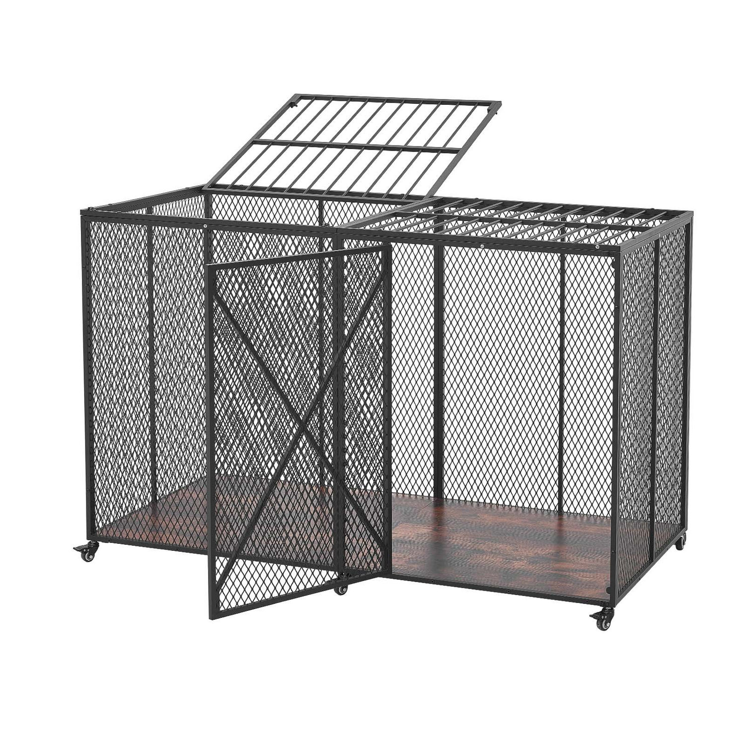 Heavy-duty VEVOR 64-inch steel dog crate with double doors, lockable wheels, designed for large breeds and high anxiety pets.