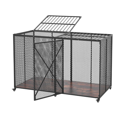 Heavy-duty VEVOR 64-inch steel dog crate with double doors, lockable wheels, designed for large breeds and high anxiety pets.