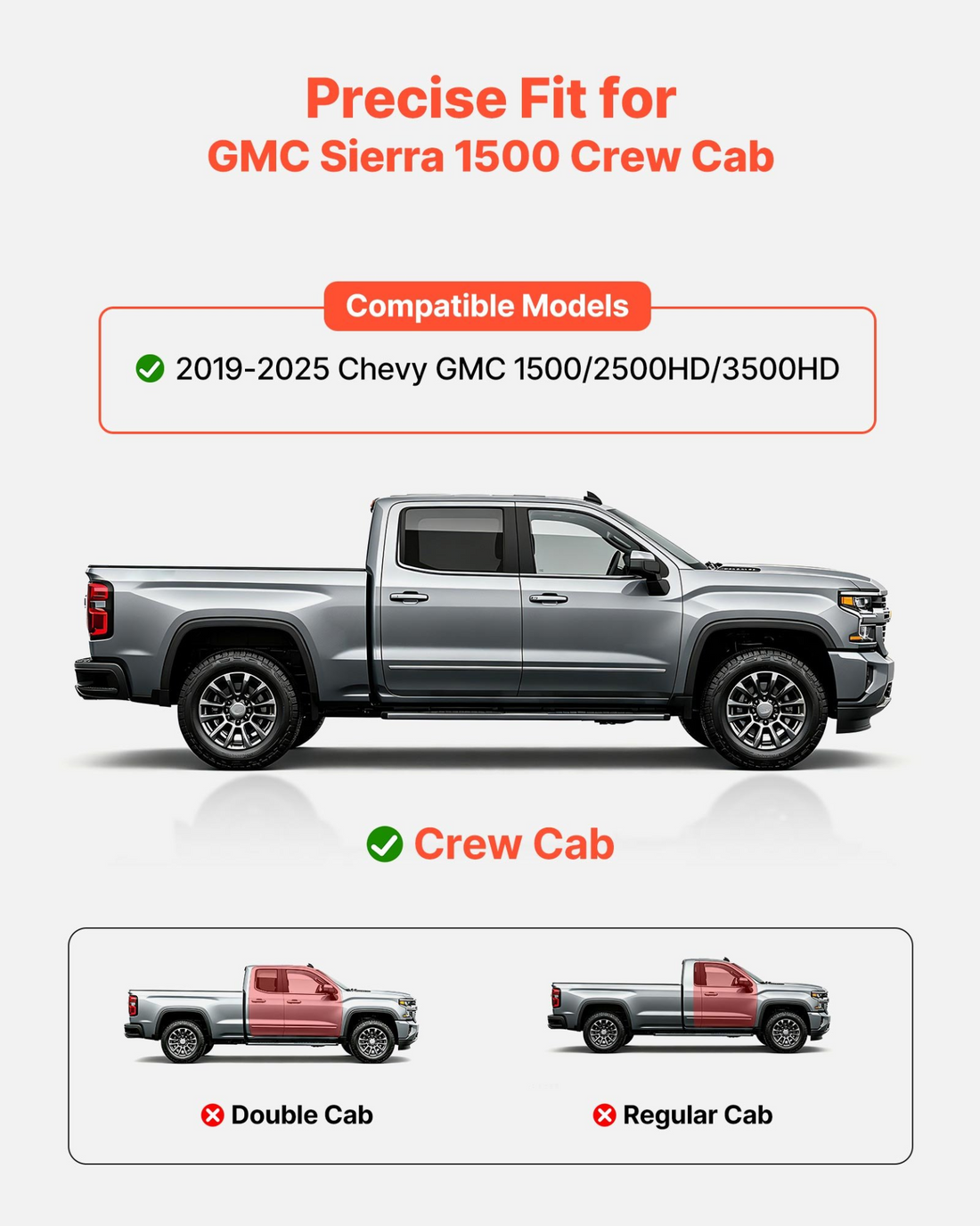 Start2Finish VEVOR black steel running boards with non-slip surface for Chevy GMC 1500/2500HD/3500HD crew cab trucks.
