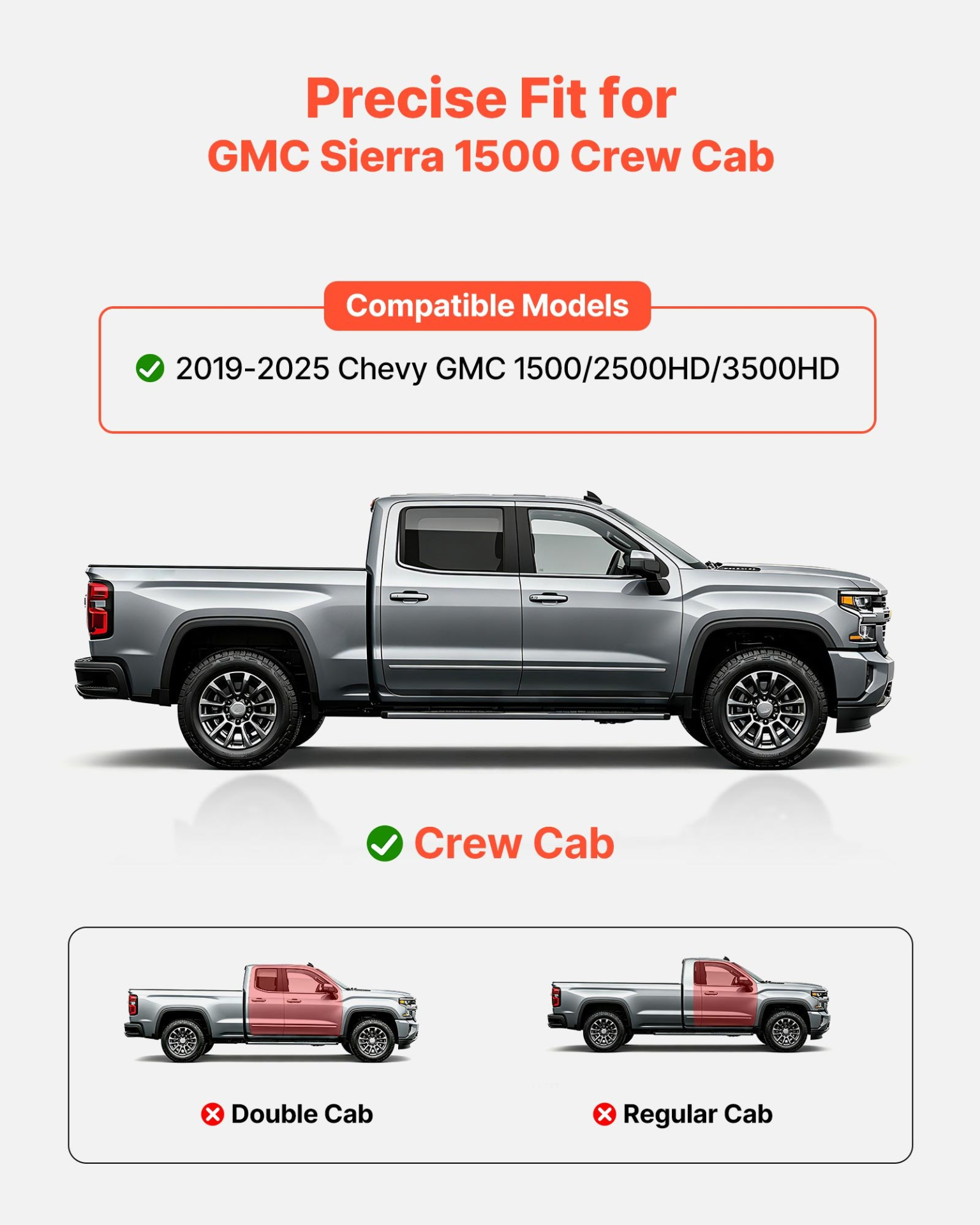 Start2Finish VEVOR black steel running boards with non-slip surface for Chevy GMC 1500/2500HD/3500HD crew cab trucks.
