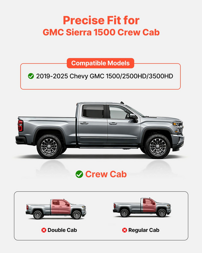 Start2Finish VEVOR black steel running boards with non-slip surface for Chevy GMC 1500/2500HD/3500HD crew cab trucks.
