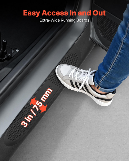 Start2Finish VEVOR black steel running boards for Chevy GMC trucks, 3-inch side steps with non-slip surface and rustproof coating.