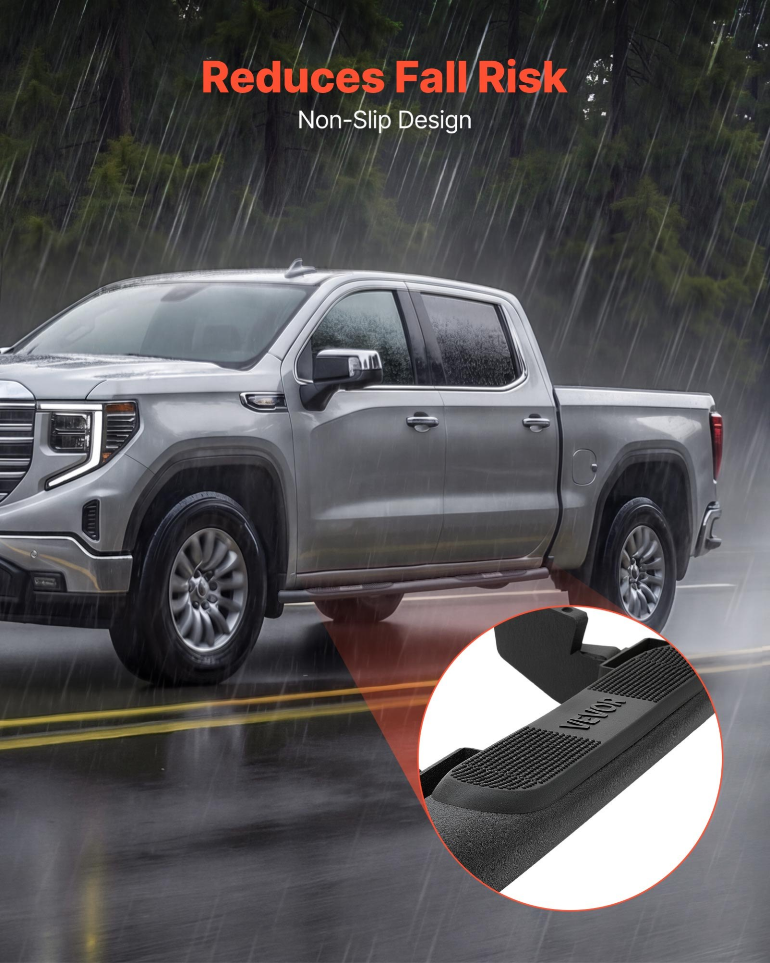 Start2Finish VEVOR black carbon steel running boards for Chevy GMC 1500-3500HD crew cab, non-slip, rustproof side steps.
