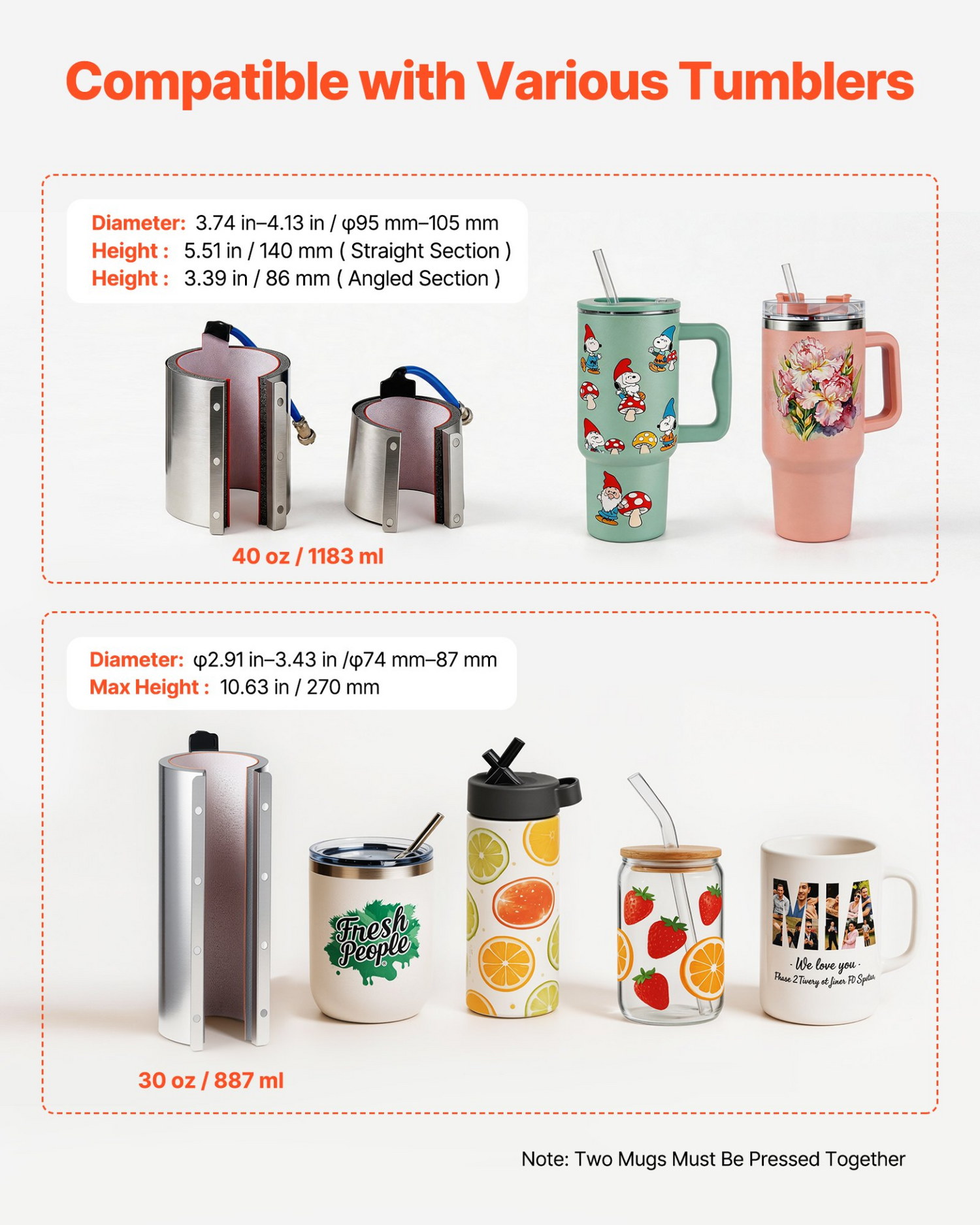 Start2Finish VEVOR tumbler heat press machine for 30 oz and 40 oz mugs, with gloves and tape, fast and even heating.