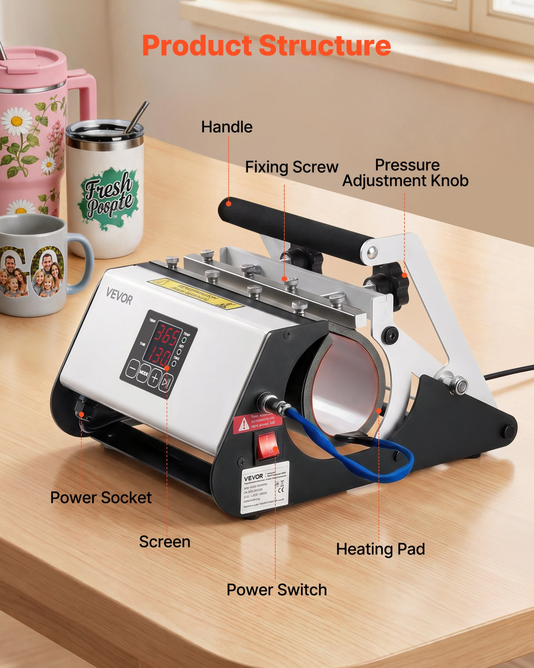 Start2Finish VEVOR tumbler heat press machine for 30 oz and 40 oz mugs with digital controls, gloves, and transfer tape.