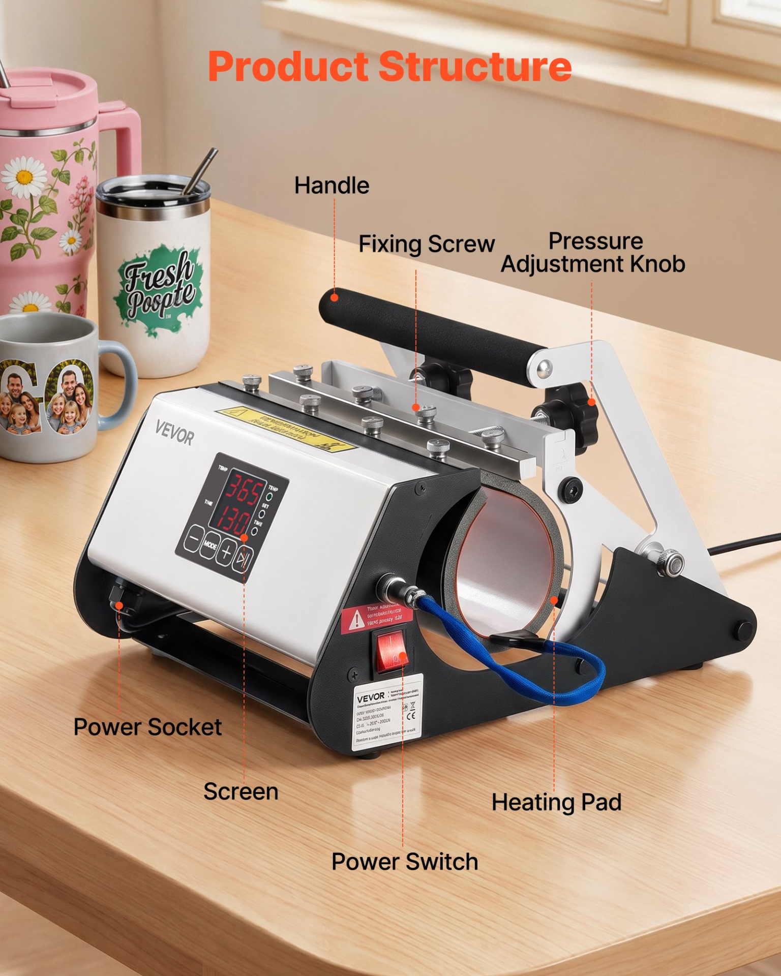 Start2Finish VEVOR tumbler heat press machine for 30 oz and 40 oz mugs with digital controls, gloves, and transfer tape.
