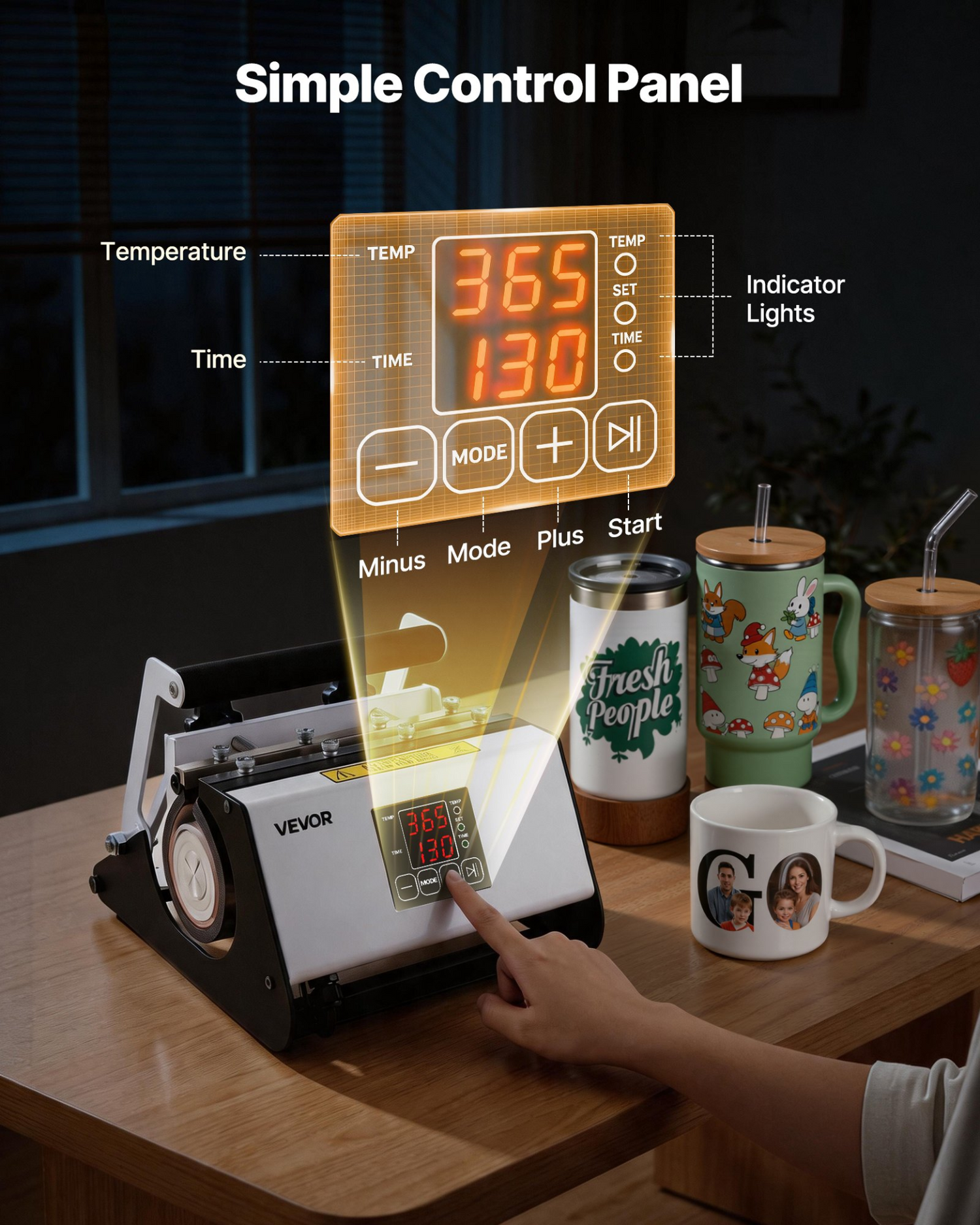 Start2Finish VEVOR tumbler heat press machine for 30 oz and 40 oz mugs, with gloves, tape, and easy temperature controls.