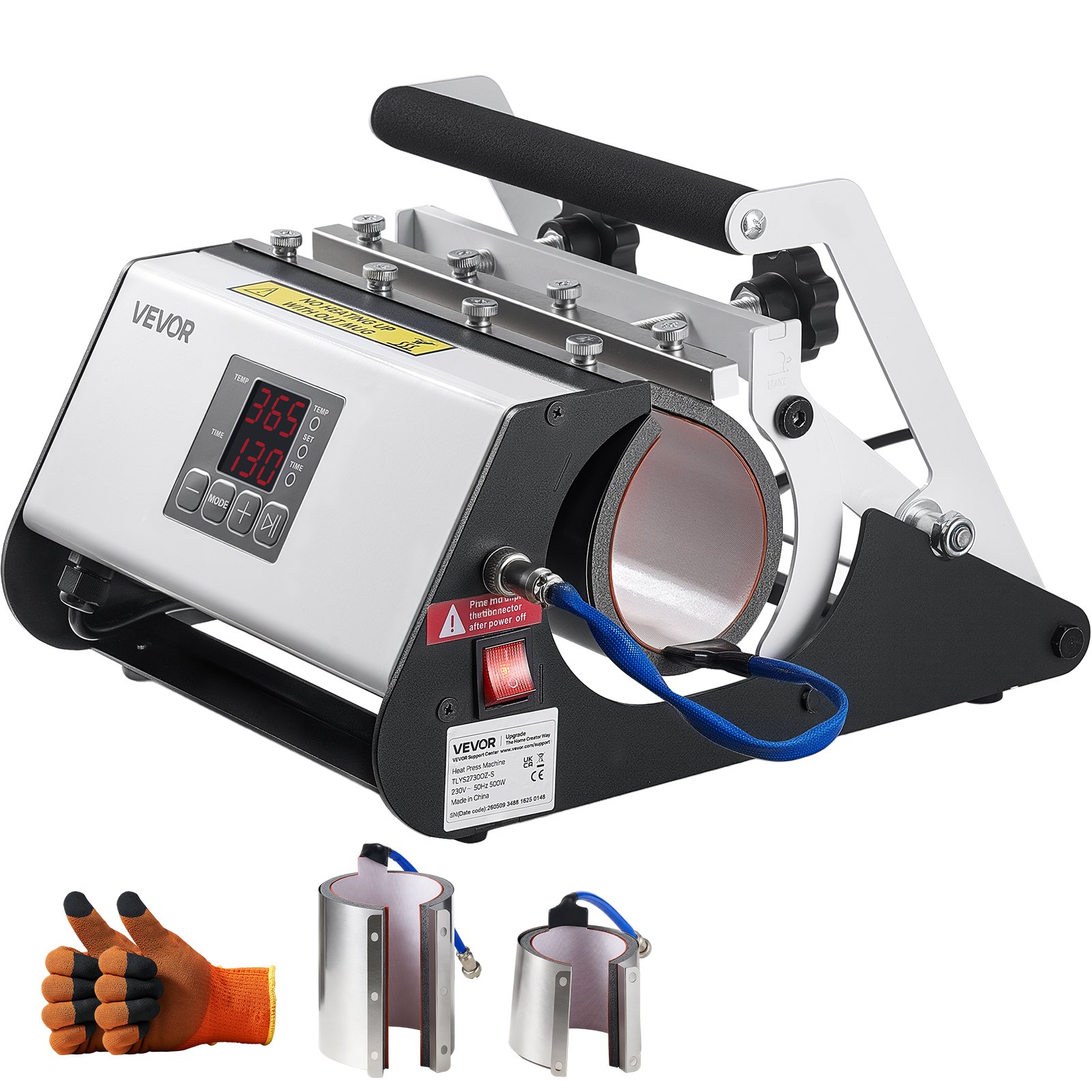 Start2Finish VEVOR Tumbler Heat Press Machine for 30 oz and 40 oz mugs, with tape, gloves, easy temperature and time control.