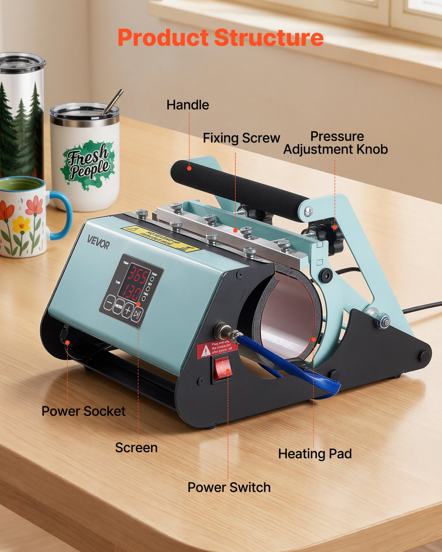 Start2Finish VEVOR tumbler heat press machine for 11-30 oz mugs, with tape, gloves, and adjustable temperature for sublimation.